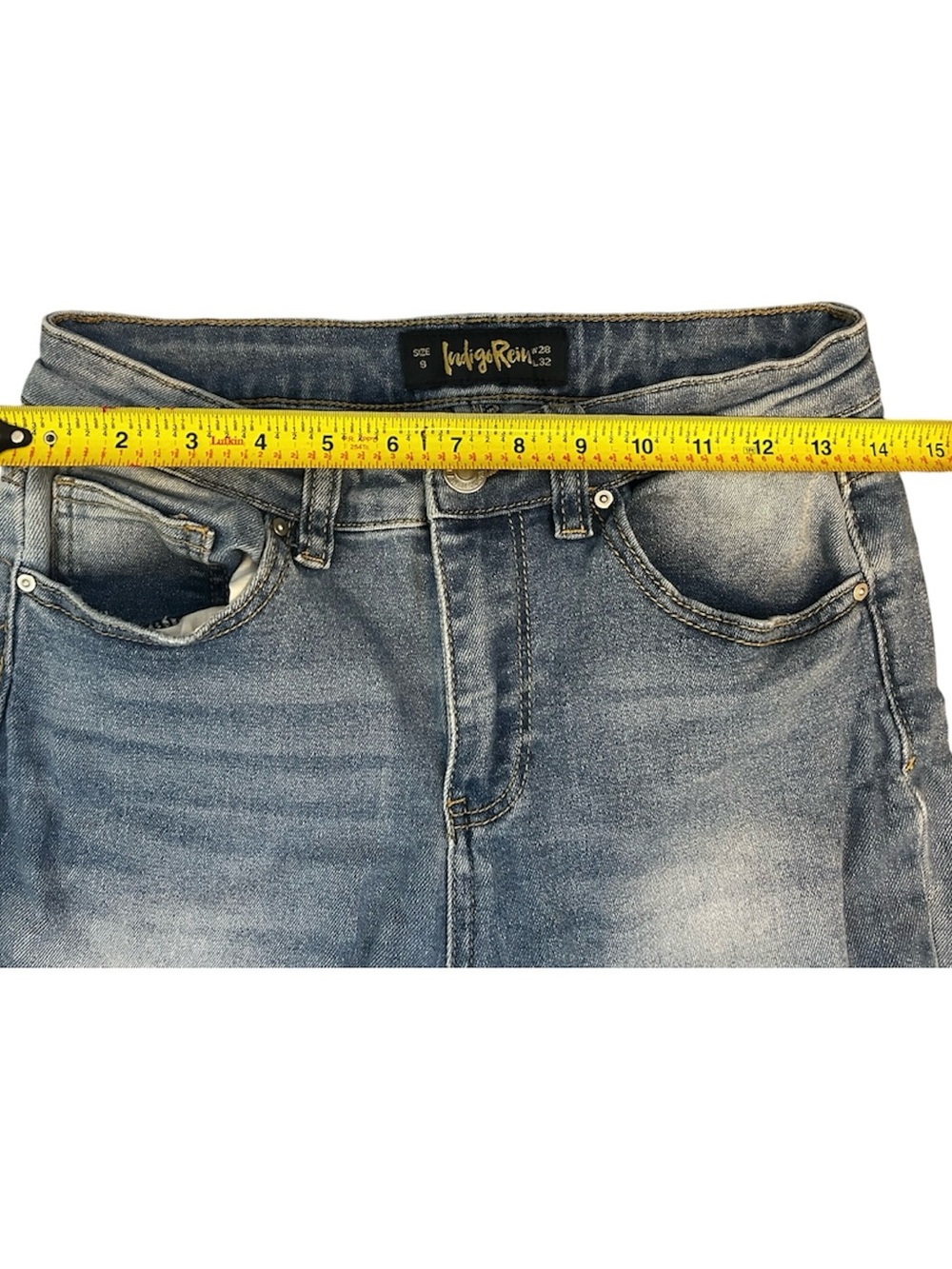 Size 9-Indigo Rein Women's Blue Patchwork Flare Jeans - Picture 4 of 4